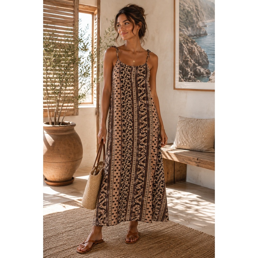 Hailey Dress Womens Small Brown Maxi Boho Paisley Floral Velvet Burnout